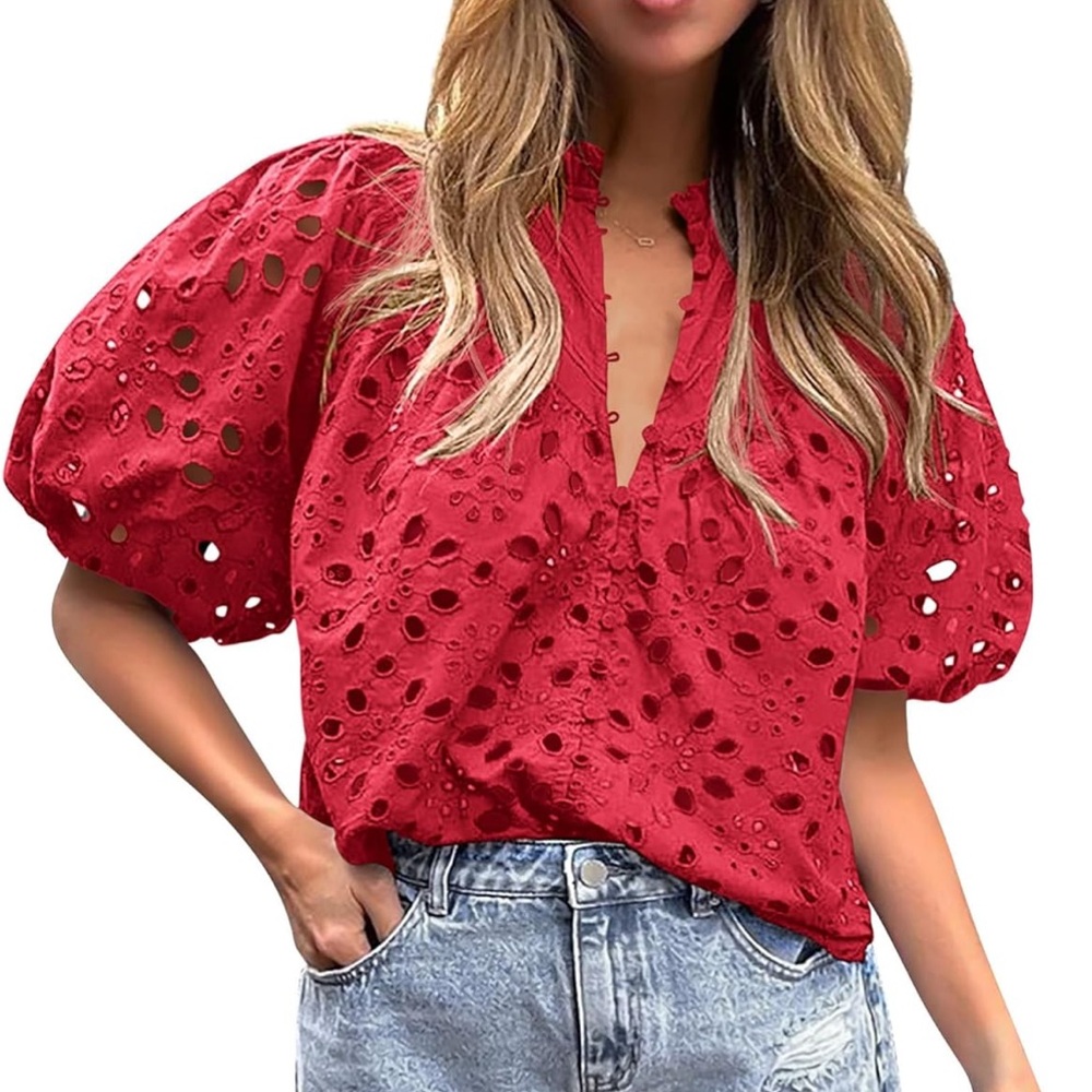 Dressy Casual Short Lantern Sleeve V Neck Button Lace Embroidered Blouse Shirt